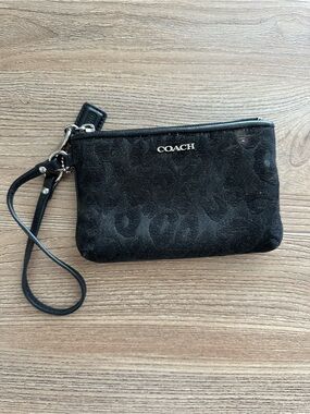 Coach Black Signature Wristlet with Detachable Strap- black leopard